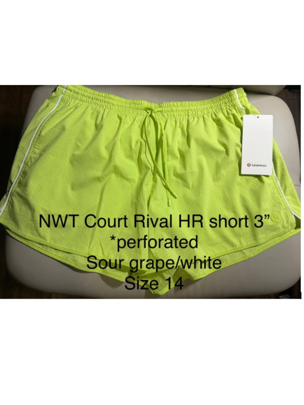NWT Lululemon “Court Rival HR short 3” perforated size 14 in sour grape/white